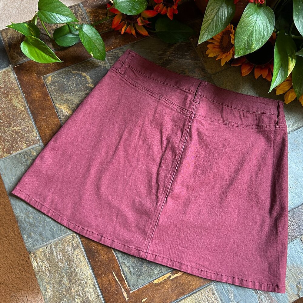 Altar’d State Burgundy Stretch Denim Button-Front Mini Skirt - Picture 5 of 7
